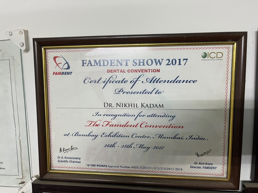 Famdent Show 2017 Dental Convention Certificate awarded to Dr. Nikhil Kadam