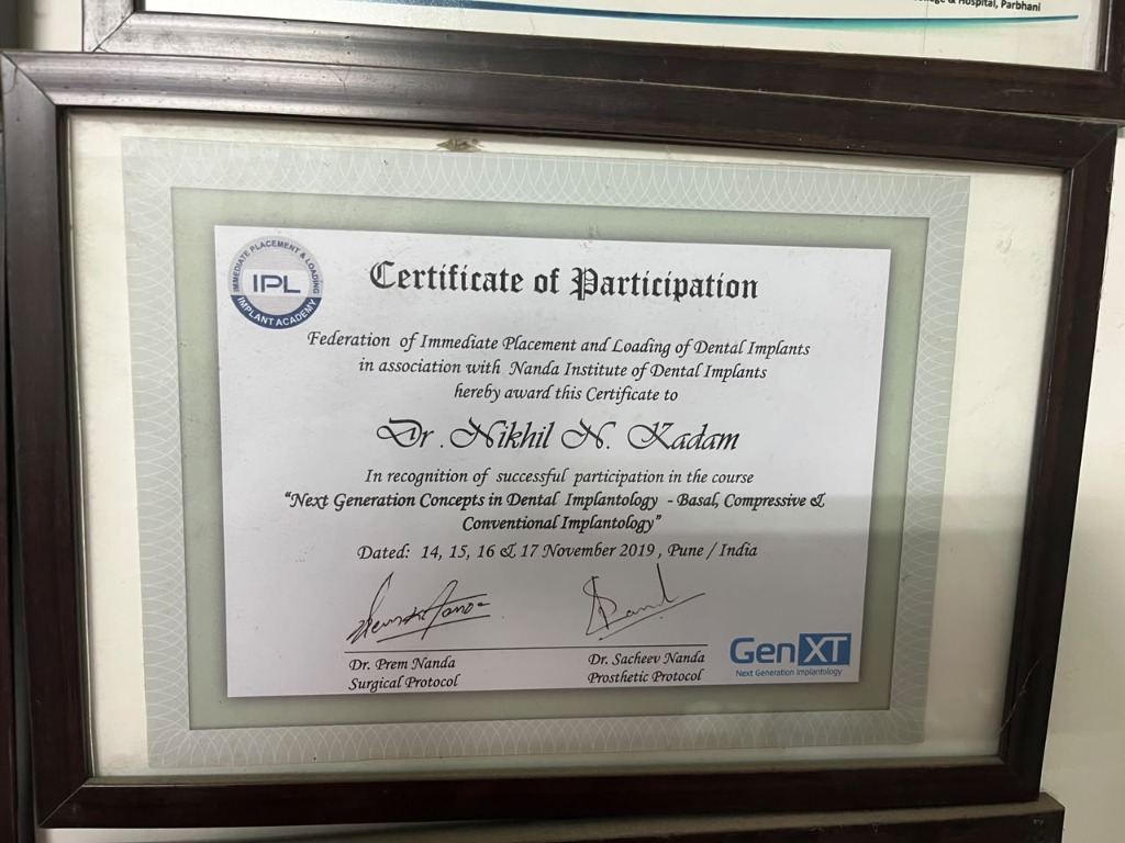 Certificate of Participation in Dental Implantology awarded to Dr. Nikhil N. Kadam