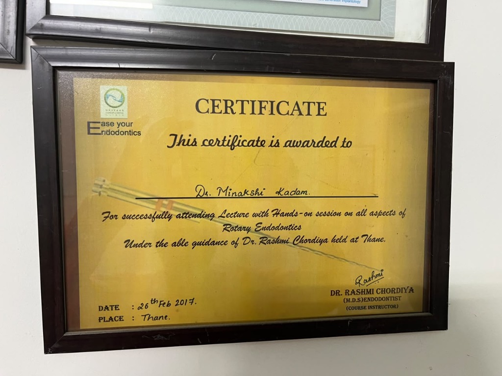 Hands-on Rotary Endodontics Certificate awarded to Dr. Minakshi Kadam
